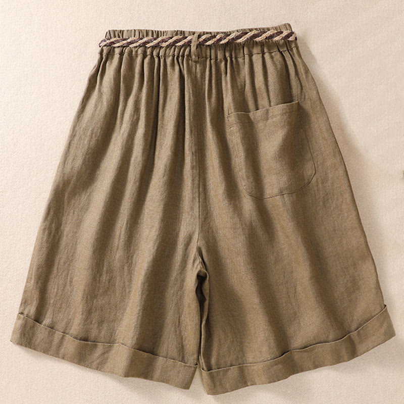 Buddha Stones Casual Tinta Unita Risvolta Polsino Cintura Cotone Lino Pantaloncini da Donna con Tasche - image 2