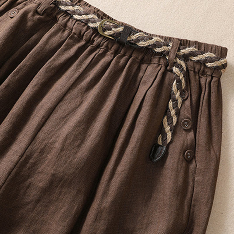 Buddha Stones Casual Tinta Unita Risvolta Polsino Cintura Cotone Lino Pantaloncini da Donna con Tasche - image 14