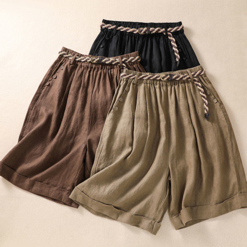 Buddha Stones Casual Tinta Unita Risvolta Polsino Cintura Cotone Lino Pantaloncini da Donna con Tasche - image 1