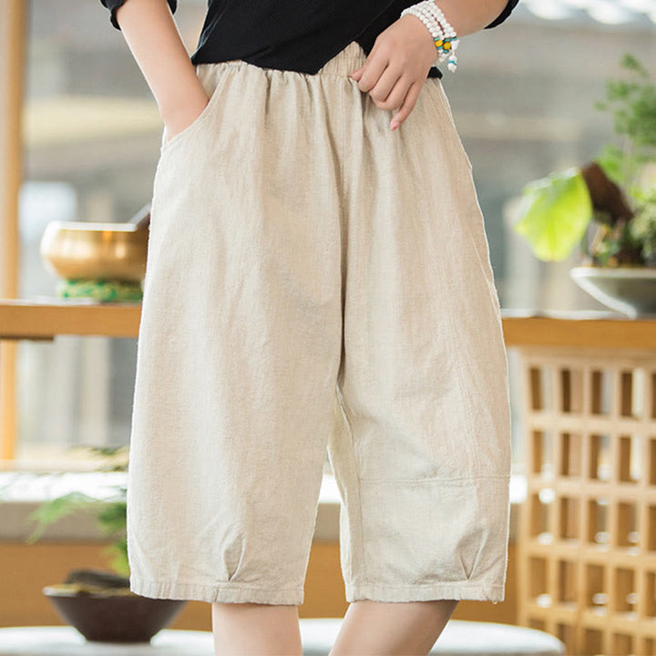 Pantaloncini da donna in cotone ramiè casual tinta unita Buddha Stones con tasche - image 21