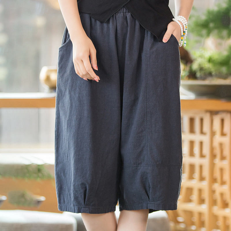Pantaloncini da donna in cotone ramiè casual tinta unita Buddha Stones con tasche - image 14