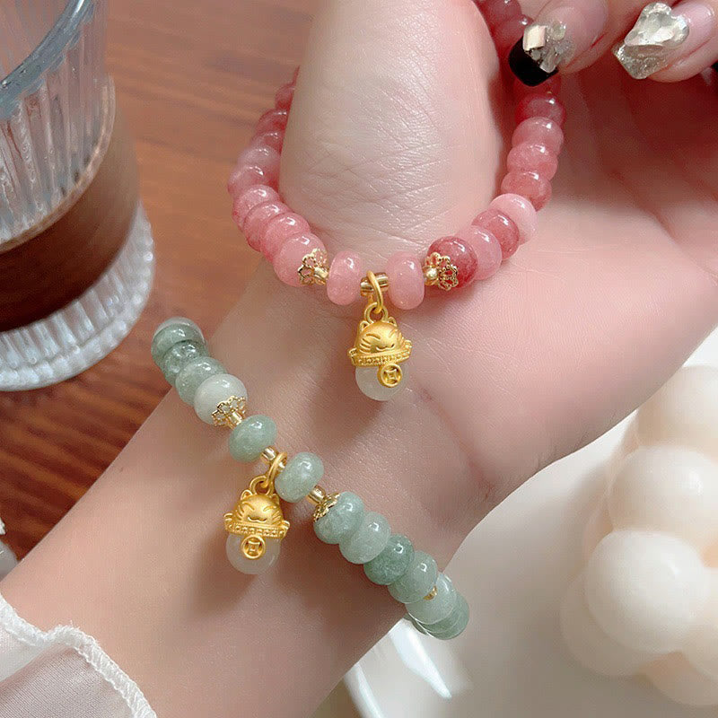 Braccialetto di guarigione con perline di gatto fortunato , Buddha Stones, quarzo fragola, giada ciano - image 19