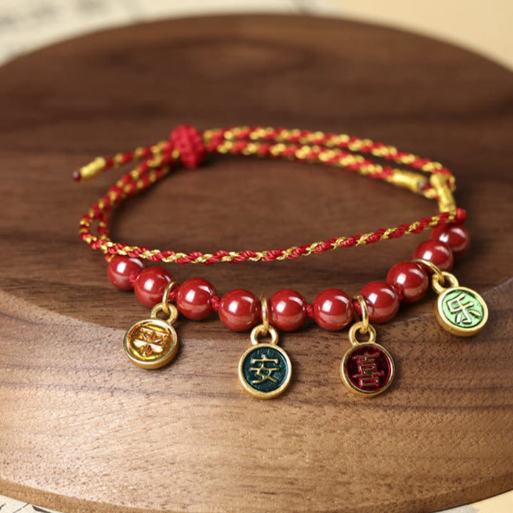 Braccialetto intrecciato regolabile con corda rossa, pace e gioia , Buddha Stones, cinabro e benedizione