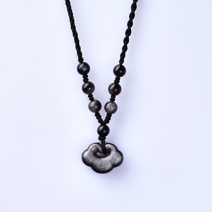 Buddha Stones Argento Naturale Lucentezza Ossidiana Nuvole di Buon Auspicio Protezione Collana Pendente Lenitivo