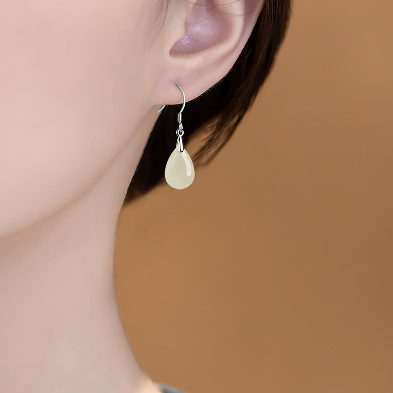 Orecchini pendenti Buddha Stones in argento sterling 925 con motivo a goccia d'acqua e giada, motivo fortuna e prosperità - image 2
