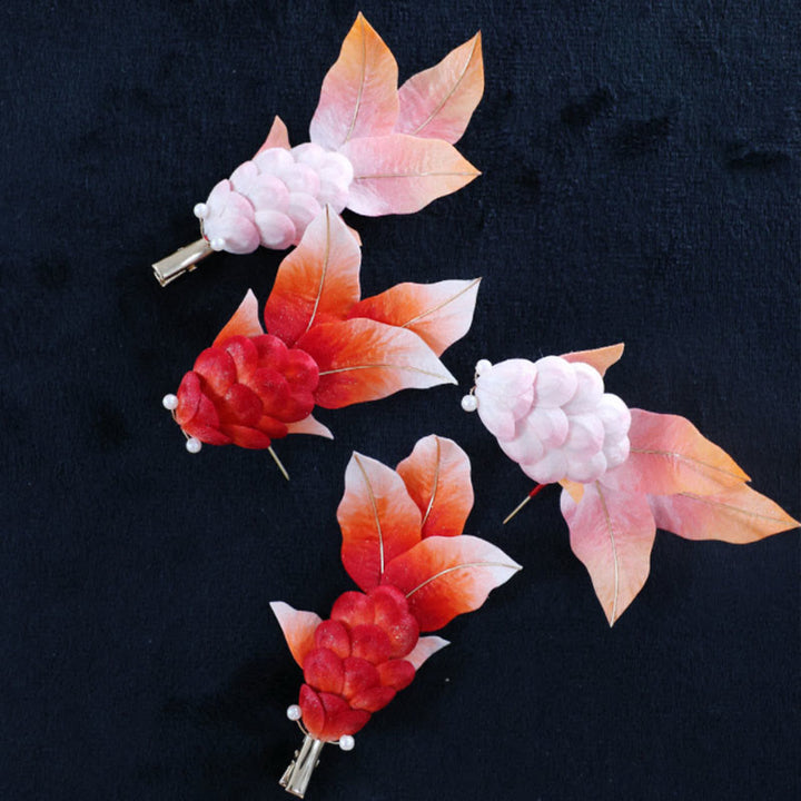 Spilla per capelli con foglie di pesce koi rosso in seta di gelso, fatta a mano, con Buddha Stones , Yangzhou, fiore di velluto