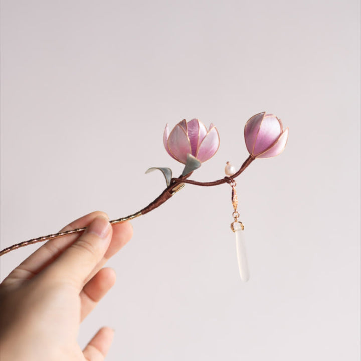 Spilla per capelli in Buddha Stones, fiore di velluto di Yangzhou, fatto a mano, con magnolia viola
