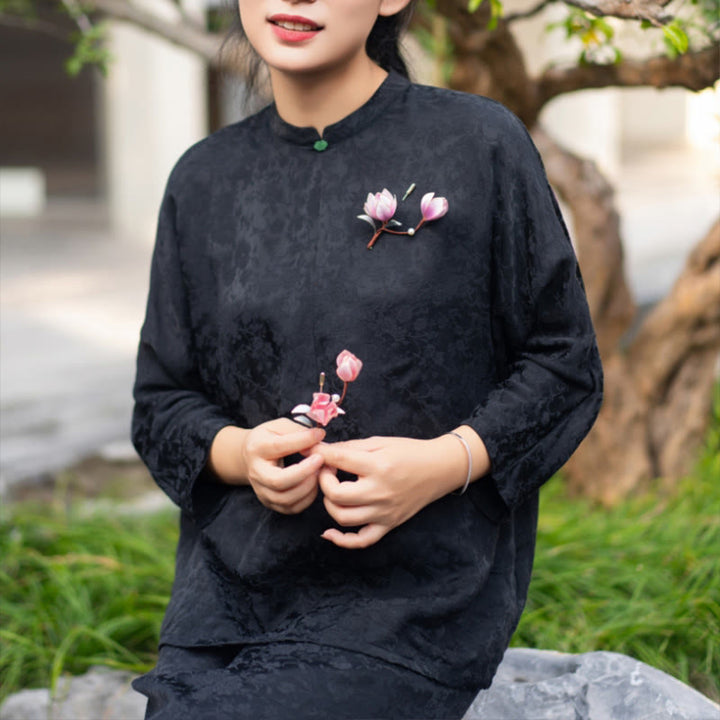 Spilla per capelli in Buddha Stones, fiore di velluto di Yangzhou, fatto a mano, con magnolia viola