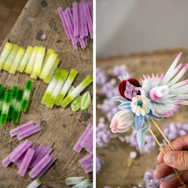 Spilla in seta di gelso con fiori di pesco in velluto di Yangzhou, realizzata a mano con Buddha Stones