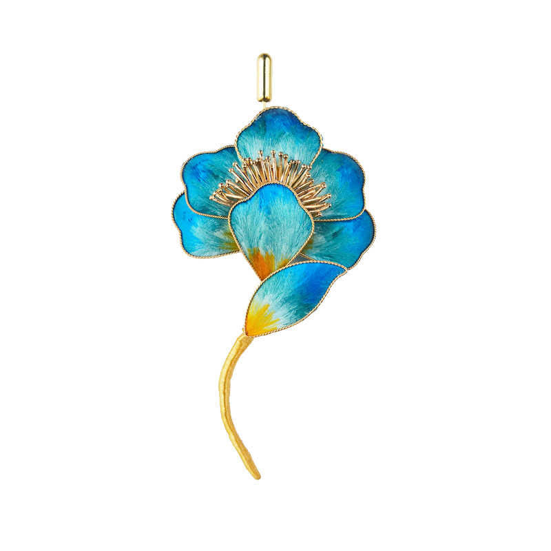 Spilla con fiore blu in seta di gelso e Buddha Stones, realizzata a mano