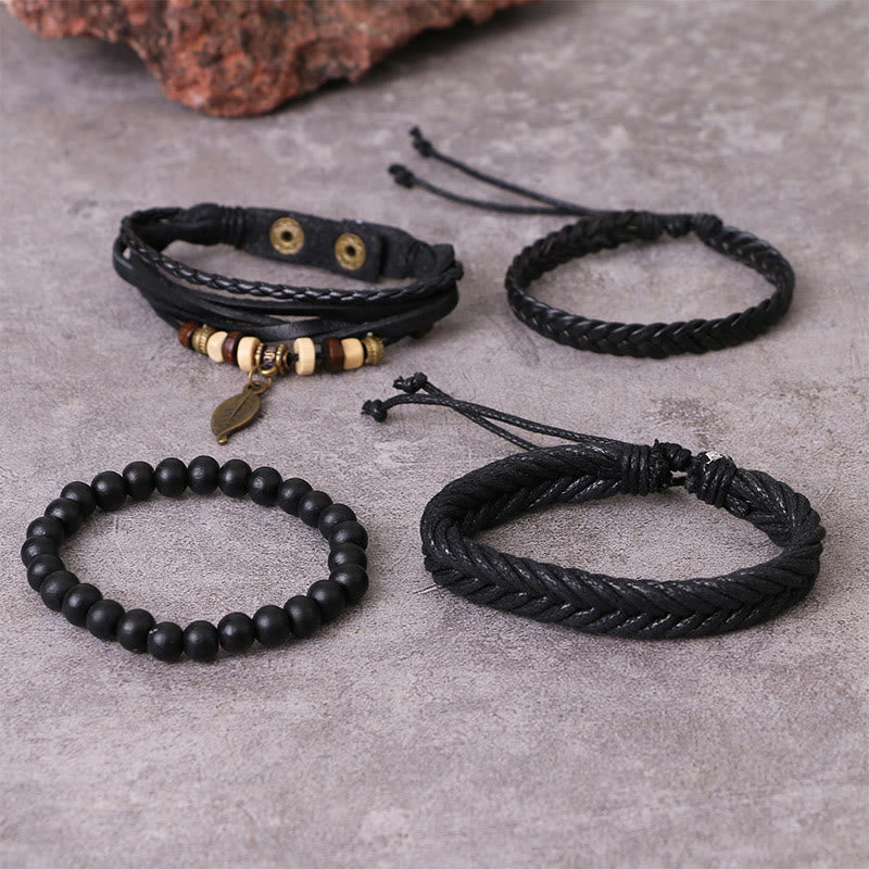 Braccialetto coraggioso con perline di resina intrecciate in pelle multistrato con Buddha Stones foglie