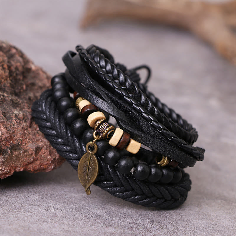Braccialetto coraggioso con perline di resina intrecciate in pelle multistrato con Buddha Stones foglie
