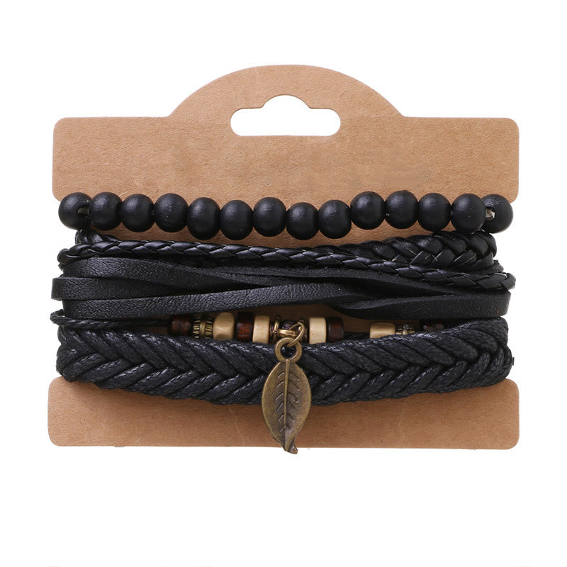 Braccialetto coraggioso con perline di resina intrecciate in pelle multistrato con Buddha Stones foglie