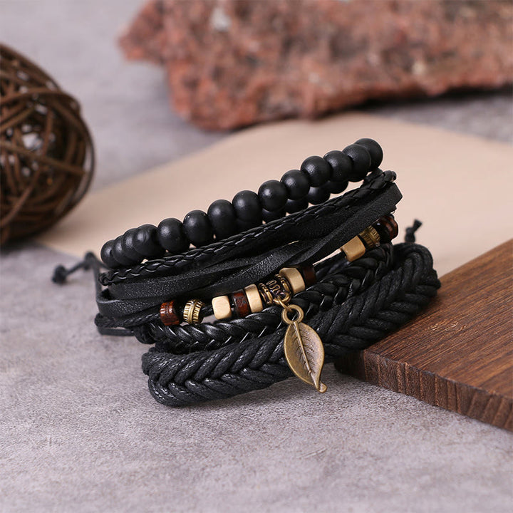 Braccialetto coraggioso con perline di resina intrecciate in pelle multistrato con Buddha Stones foglie