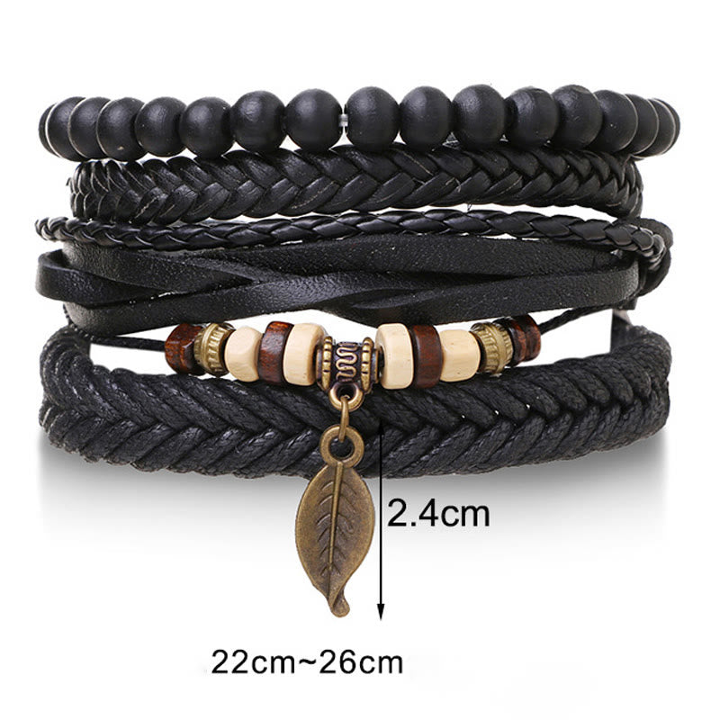 Braccialetto coraggioso con perline di resina intrecciate in pelle multistrato con Buddha Stones foglie