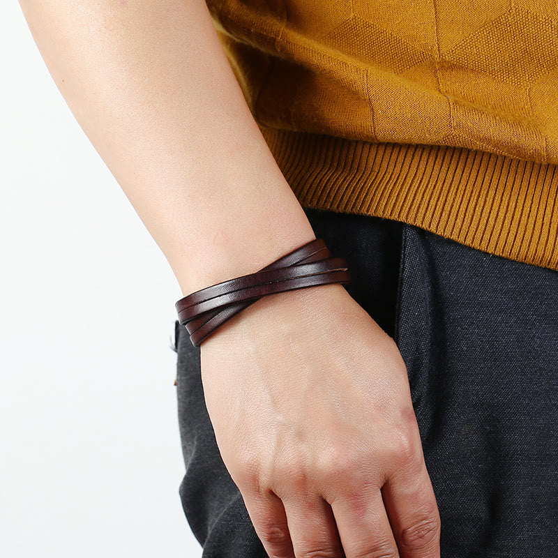 Bracciale con fibbia in pelle multistrato vintage Buddha Stones