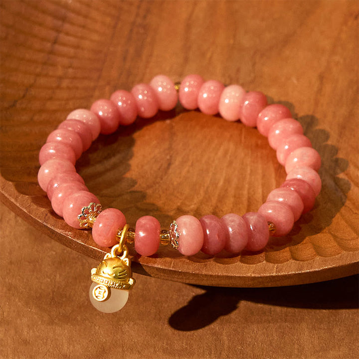Braccialetto di guarigione con perline di gatto fortunato , Buddha Stones, quarzo fragola, giada ciano - image 4