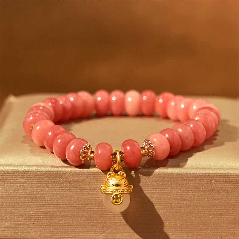 Braccialetto di guarigione con perline di gatto fortunato , Buddha Stones, quarzo fragola, giada ciano - Quarzo fragola (circonferenza del polso: 15-16 cm) - image 1