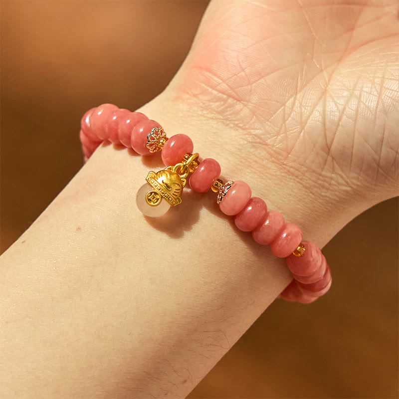 Braccialetto di guarigione con perline di gatto fortunato , Buddha Stones, quarzo fragola, giada ciano - image 6