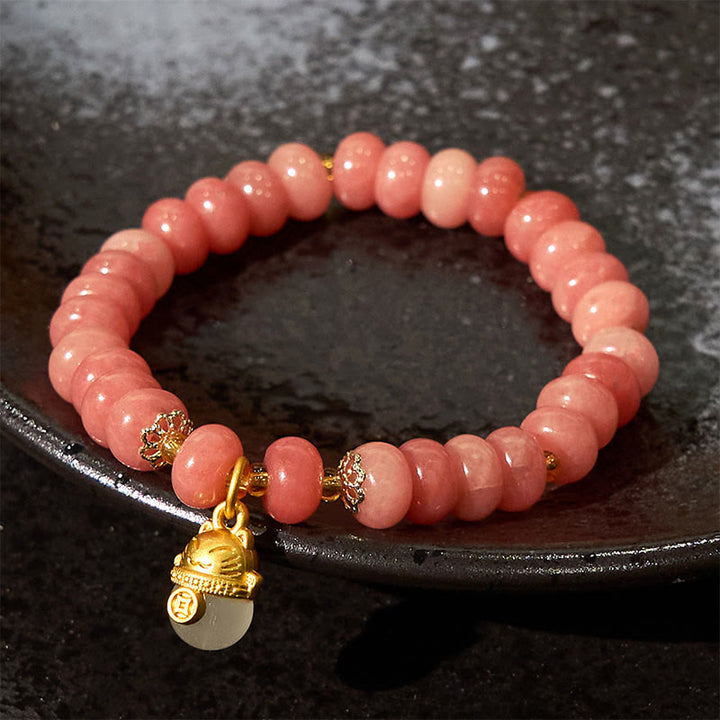 Braccialetto di guarigione con perline di gatto fortunato , Buddha Stones, quarzo fragola, giada ciano - image 2