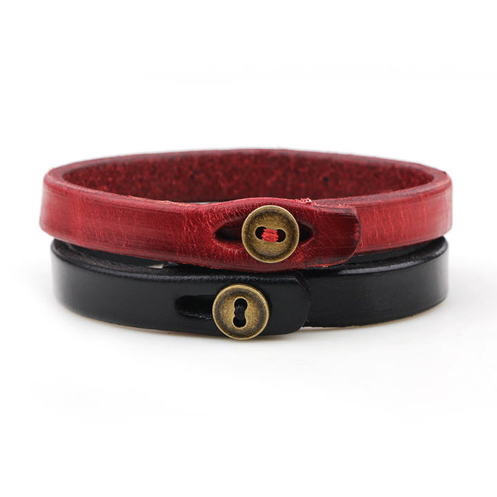 Braccialetto Buddha Stones Vintage in pelle liscia con fibbia a bottone e fiducia