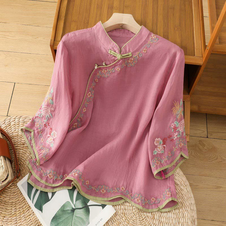 Camicia casual in cotone e lino con maniche a tre quarti e colletto alto con fiori ricamati da donna Buddha Stones - Rosso viola pallido - US8-10, UK/AU12-14, EU40-42 (2XL) - image 15