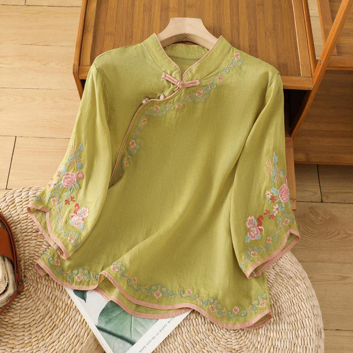 Camicia casual in cotone e lino con maniche a tre quarti e colletto alto con fiori ricamati da donna Buddha Stones - GialloVerde - US8-10, UK/AU12-14, EU40-42 (2XL) - image 8