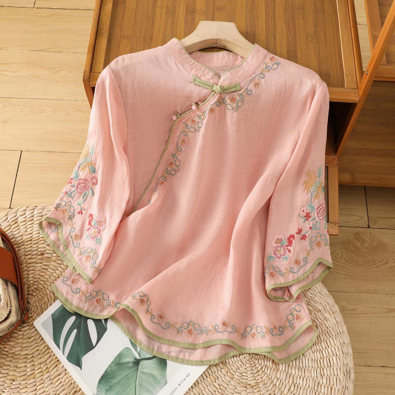 Camicia casual in cotone e lino con maniche a tre quarti e colletto alto con fiori ricamati da donna Buddha Stones - MistyRose - US8-10, UK/AU12-14, EU40-42 (2XL) - image 2