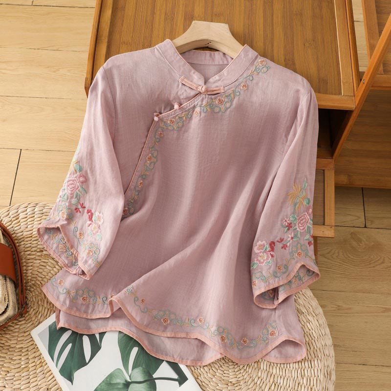 Camicia casual in cotone e lino con maniche a tre quarti e colletto alto con fiori ricamati da donna Buddha Stones - Marrone rosato - US8-10, UK/AU12-14, EU40-42 (2XL) - image 5