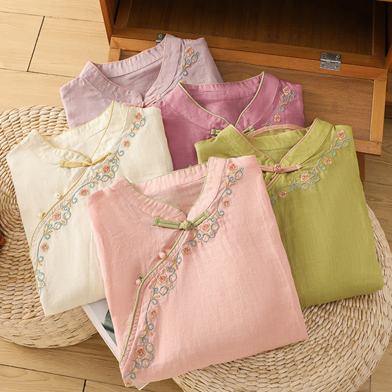 Camicia casual in cotone e lino con maniche a tre quarti e colletto alto con fiori ricamati da donna Buddha Stones - image 19