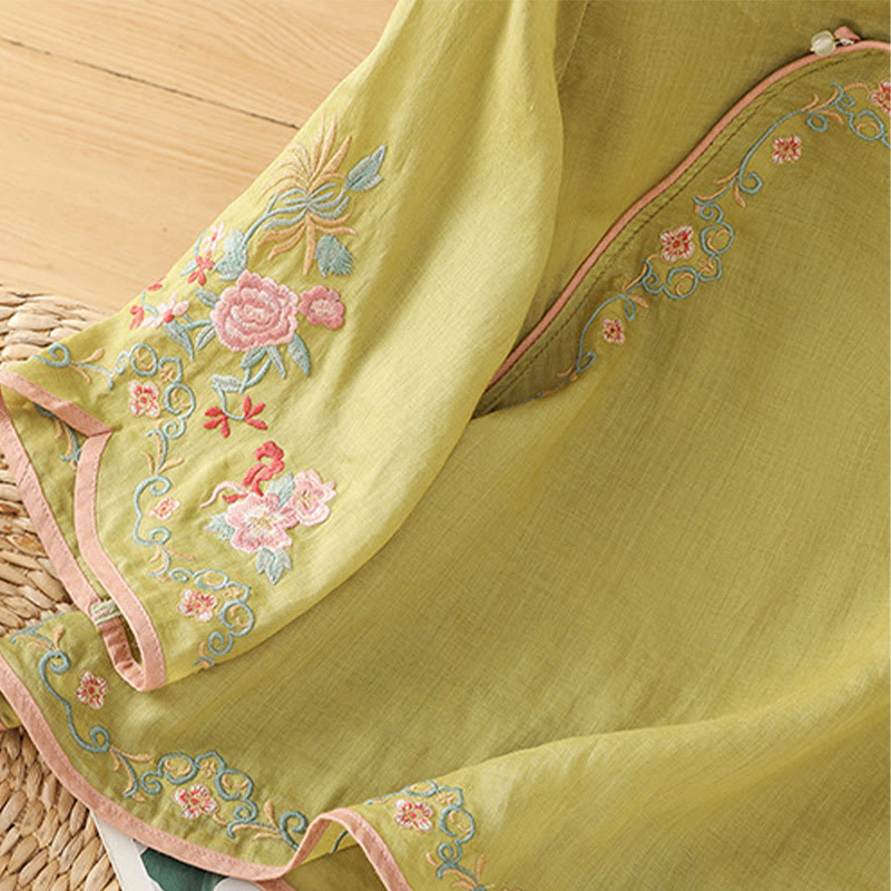 Camicia casual in cotone e lino con maniche a tre quarti e colletto alto con fiori ricamati da donna Buddha Stones - image 14