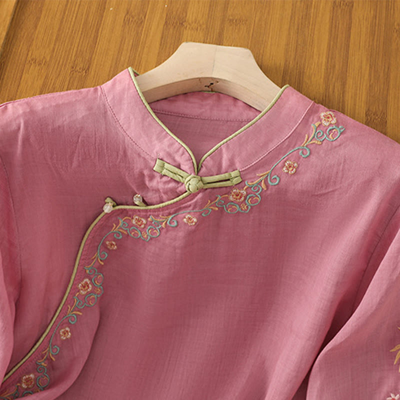 Camicia casual in cotone e lino con maniche a tre quarti e colletto alto con fiori ricamati da donna Buddha Stones - image 16