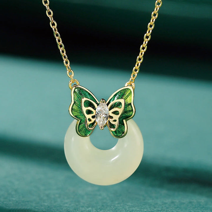 Buddha Stones 925 Sterling Silver Hetian Jade naturale Peace Buckle Butterfly Zircone Luck Bracciale Collana Pendente - Collana di giada - image 13