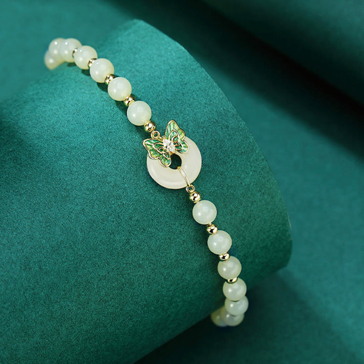 Buddha Stones 925 Sterling Silver Hetian Jade naturale Peace Buckle Butterfly Zircone Luck Bracciale Collana Pendente - image 1