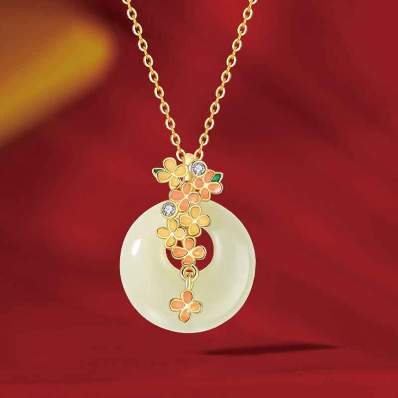Buddha Stones 925 Sterling Silver Hetian naturale giada osmanto fiori fibbia della pace zircone fortuna braccialetto collana pendente