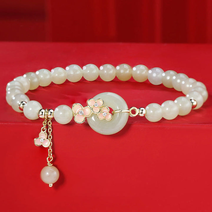 Buddha Stones 925 Sterling Silver Natural Hetian Jade Peach Blossom Peace Buckle Zircone Luck Bracciale Collana Pendente - Bracciale di giada (circonferenza del polso 14-17 cm) - image 0