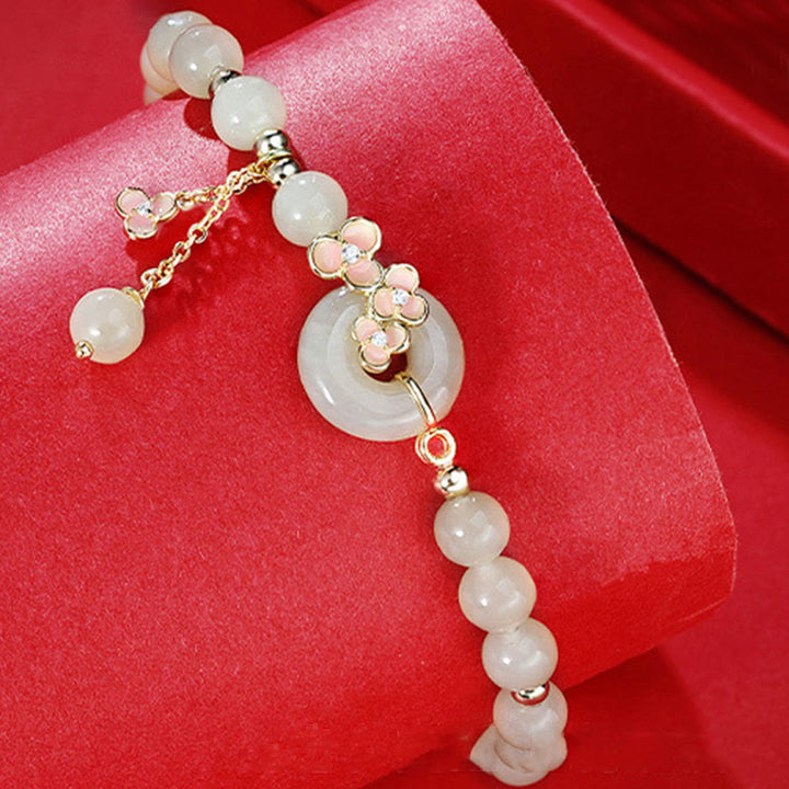 Buddha Stones 925 Sterling Silver Natural Hetian Jade Peach Blossom Peace Buckle Zircone Luck Bracciale Collana Pendente - image 1
