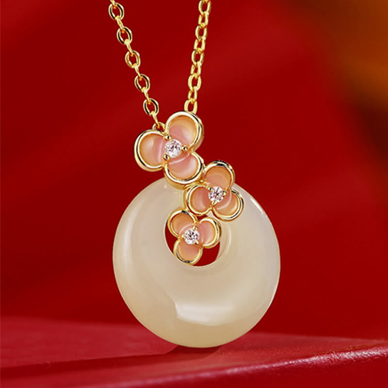 Buddha Stones 925 Sterling Silver Natural Hetian Jade Peach Blossom Peace Buckle Zircone Luck Bracciale Collana Pendente - Collana di giada - image 10