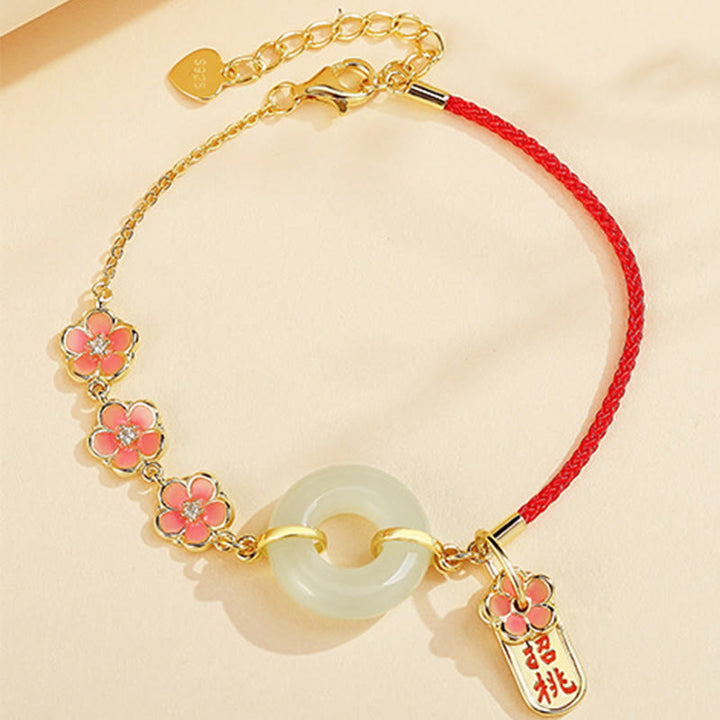 Buddha Stones 925 Sterling Silver Natural Hetian Jade Peach Blossom Peace Buckle Zircone Luck Bracciale Collana Pendente - Braccialetto in corda di giada rossa (circonferenza polso 14-17 cm) - image 7