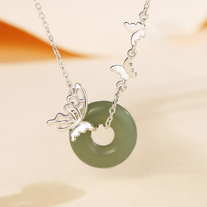 Buddha Stones 925 Sterling Silver Natural Hetian Jade Peace Buckle Butterfly Luck Prosperity Bracciale Collana Pendente - Collana di giada - image 0