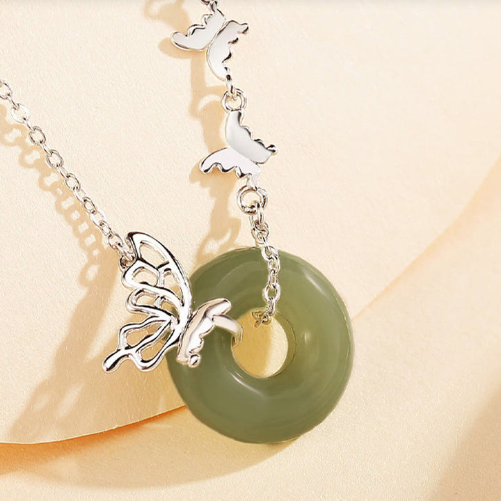 Buddha Stones 925 Sterling Silver Natural Hetian Jade Peace Buckle Butterfly Luck Prosperity Bracciale Collana Pendente - image 1