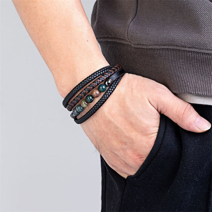 Bracciale in pelle positivo con Buddha Stones Tiger Eye Lava Rock Onyx nero Lazurite Lapislazzuli Ematite - image 18