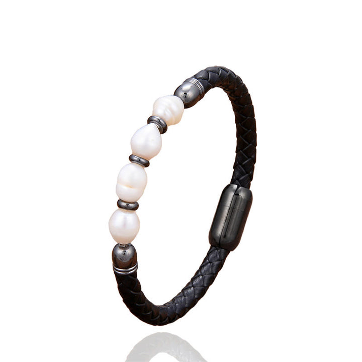 Bracciale con fibbia in acciaio al titanio e pelle curativa, fatto a mano, con perle di forma irregolare, Buddha Stones