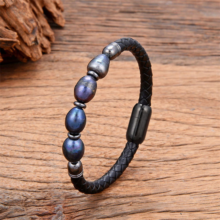 Bracciale con fibbia in acciaio al titanio e pelle curativa, fatto a mano, con perle di forma irregolare, Buddha Stones