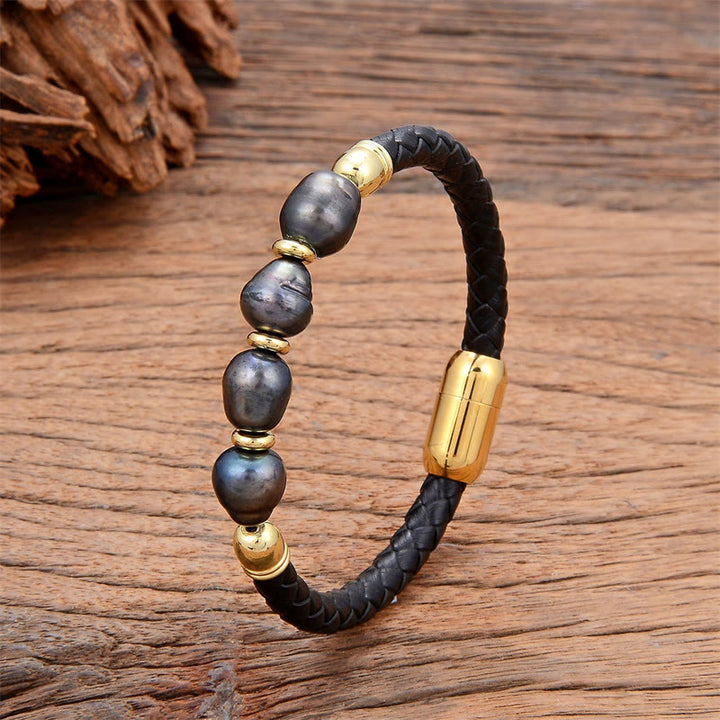 Bracciale con fibbia in acciaio al titanio e pelle curativa, fatto a mano, con perle di forma irregolare, Buddha Stones