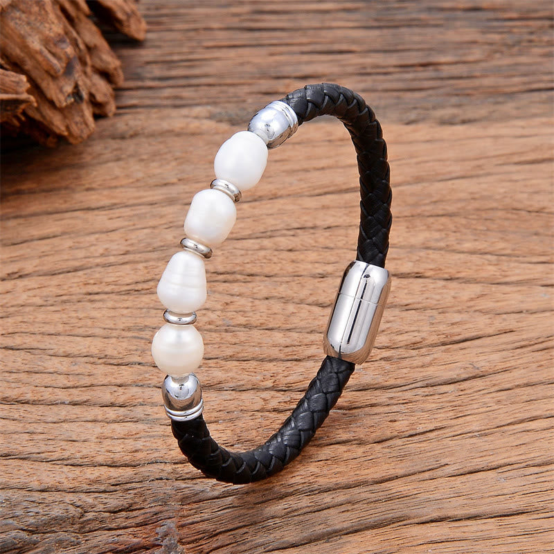 Bracciale con fibbia in acciaio al titanio e pelle curativa, fatto a mano, con perle di forma irregolare, Buddha Stones