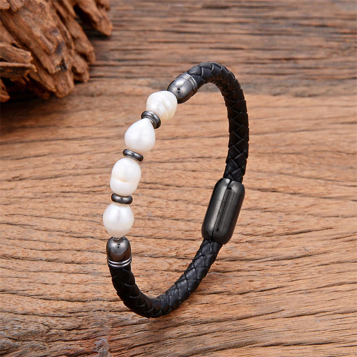 Bracciale con fibbia in acciaio al titanio e pelle curativa, fatto a mano, con perle di forma irregolare, Buddha Stones
