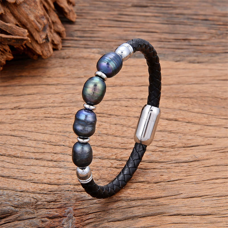 Bracciale con fibbia in acciaio al titanio e pelle curativa, fatto a mano, con perle di forma irregolare, Buddha Stones