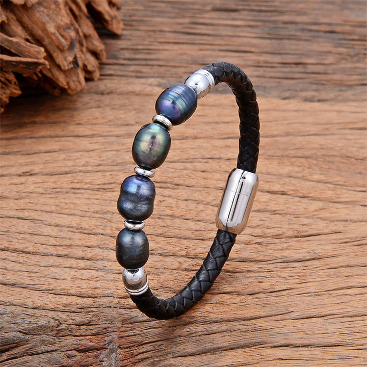 Bracciale con fibbia in acciaio al titanio e pelle curativa, fatto a mano, con perle di forma irregolare, Buddha Stones