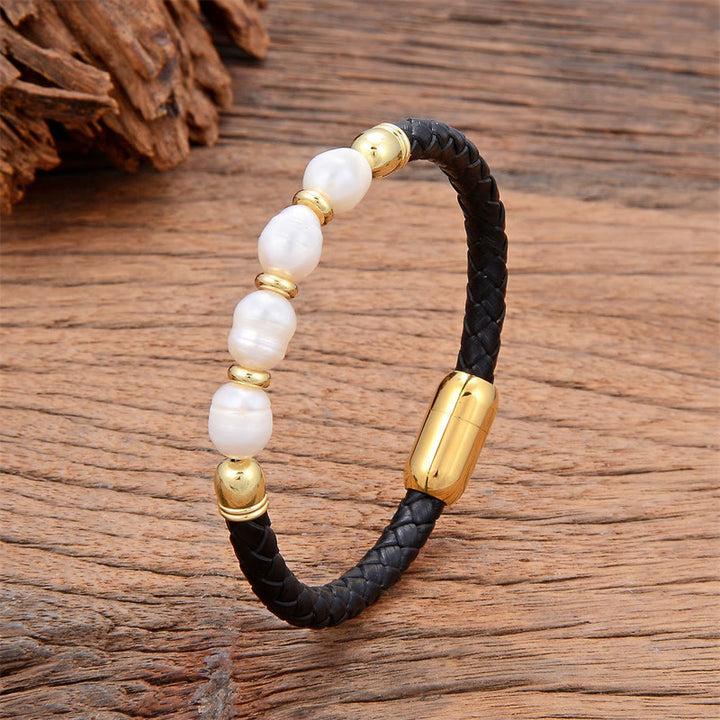 Bracciale con fibbia in acciaio al titanio e pelle curativa, fatto a mano, con perle di forma irregolare, Buddha Stones